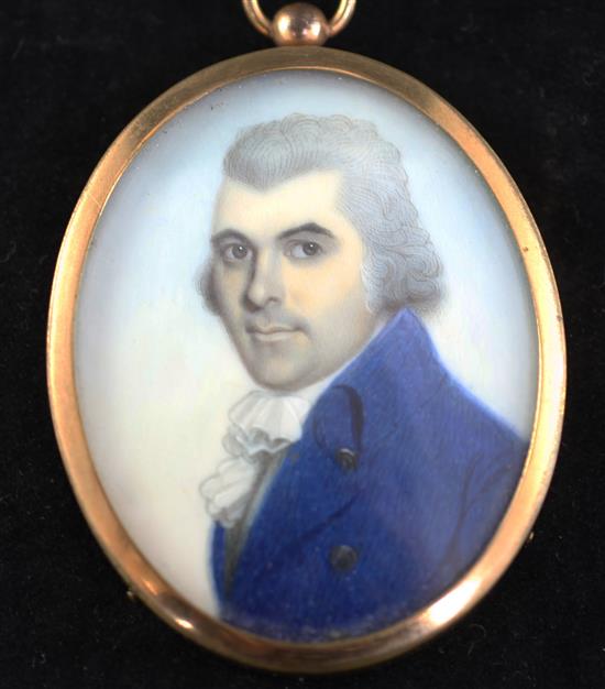 John Barry (fl.1784-1827) Miniature of a gentleman wearing a blue coat 2.5 x 2in.